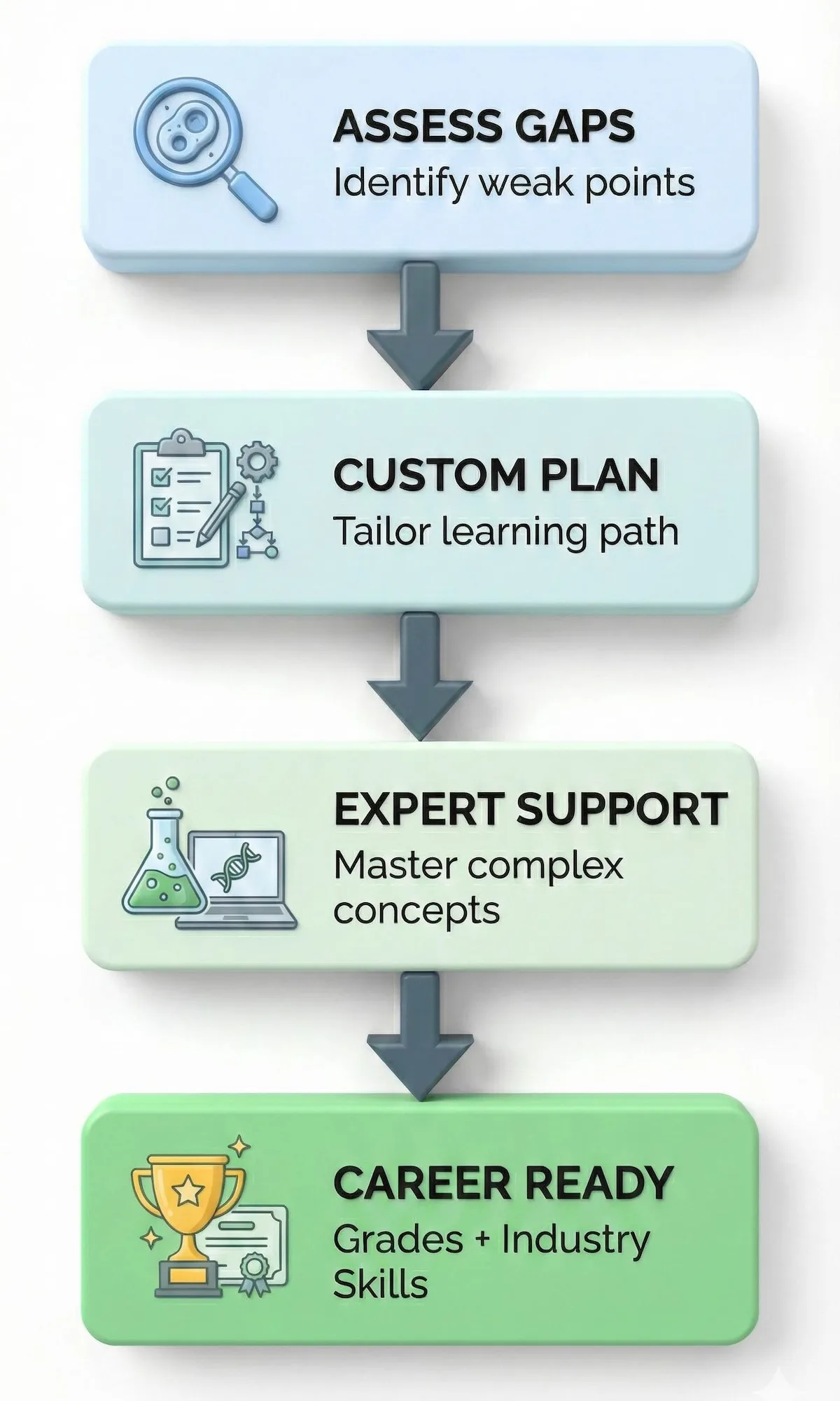 Flowchart of the biotechnology tutoring success cycle: Assess gaps, create custom plan, provide expert support, and achieve career readiness.
