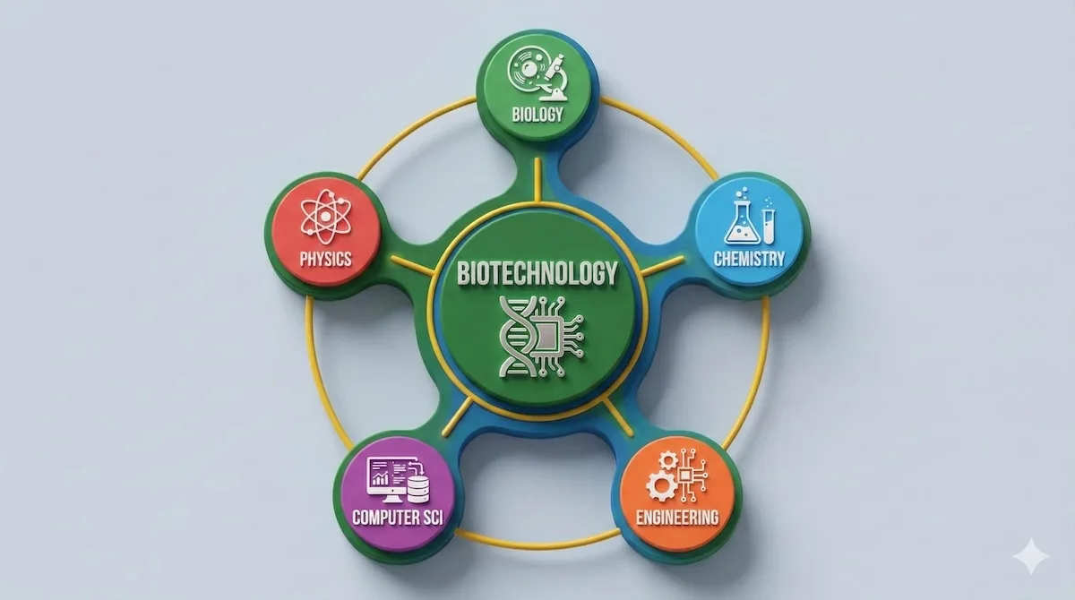 Concept map illustrating biotechnology as the intersection of biology, chemistry, engineering, computer science, and physics.