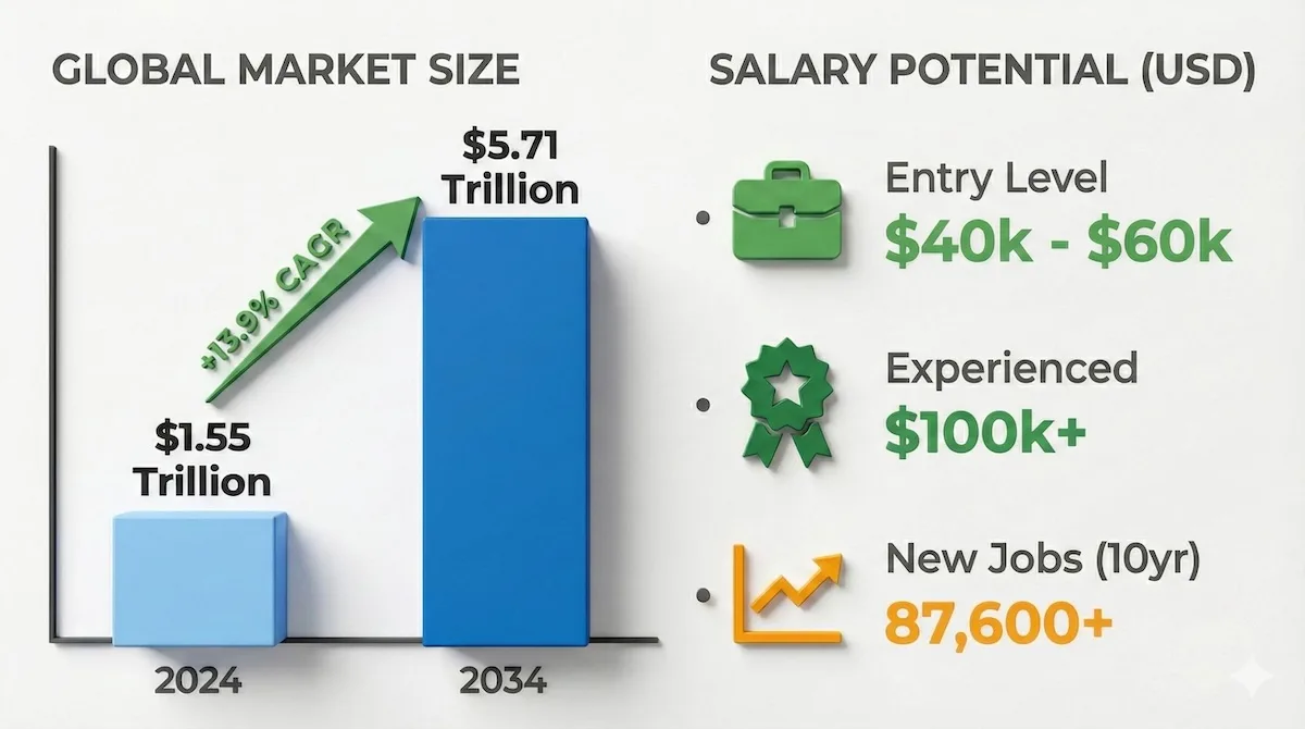 Biotechnology market growth chart showing projected increase to $5.71 trillion by 2034 and salary potential over $100k.