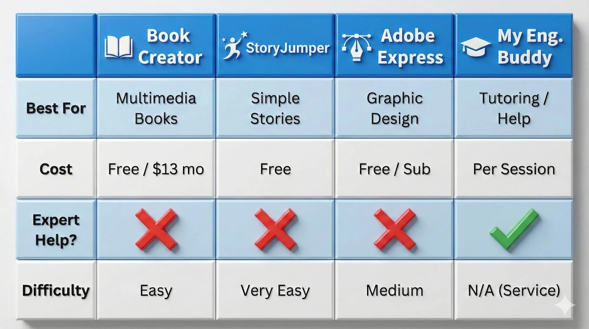 Comparison table of Book Creator vs StoryJumper vs Adobe Express vs My Engineering Buddy features and costs.