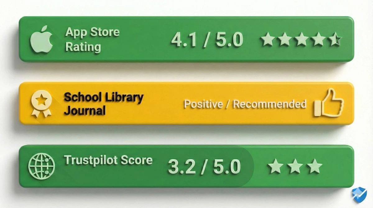 Bar chart summarizing Book Creator reviews: 4.1/5 on App Store, Positive rating from School Library Journal, and 3.2/5 on Trustpilot.