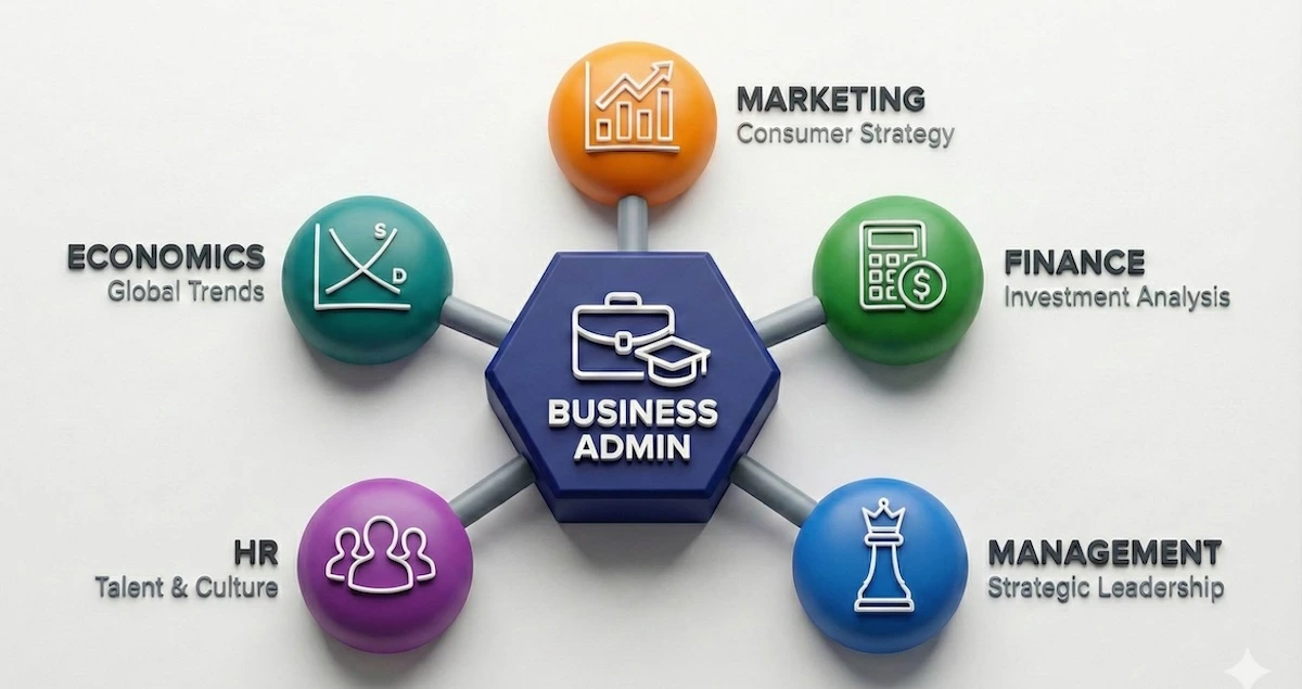 Five pillars of business administration degree shown in a hub diagram: Marketing, Finance, Management, HR, and Economics surrounding the central core.