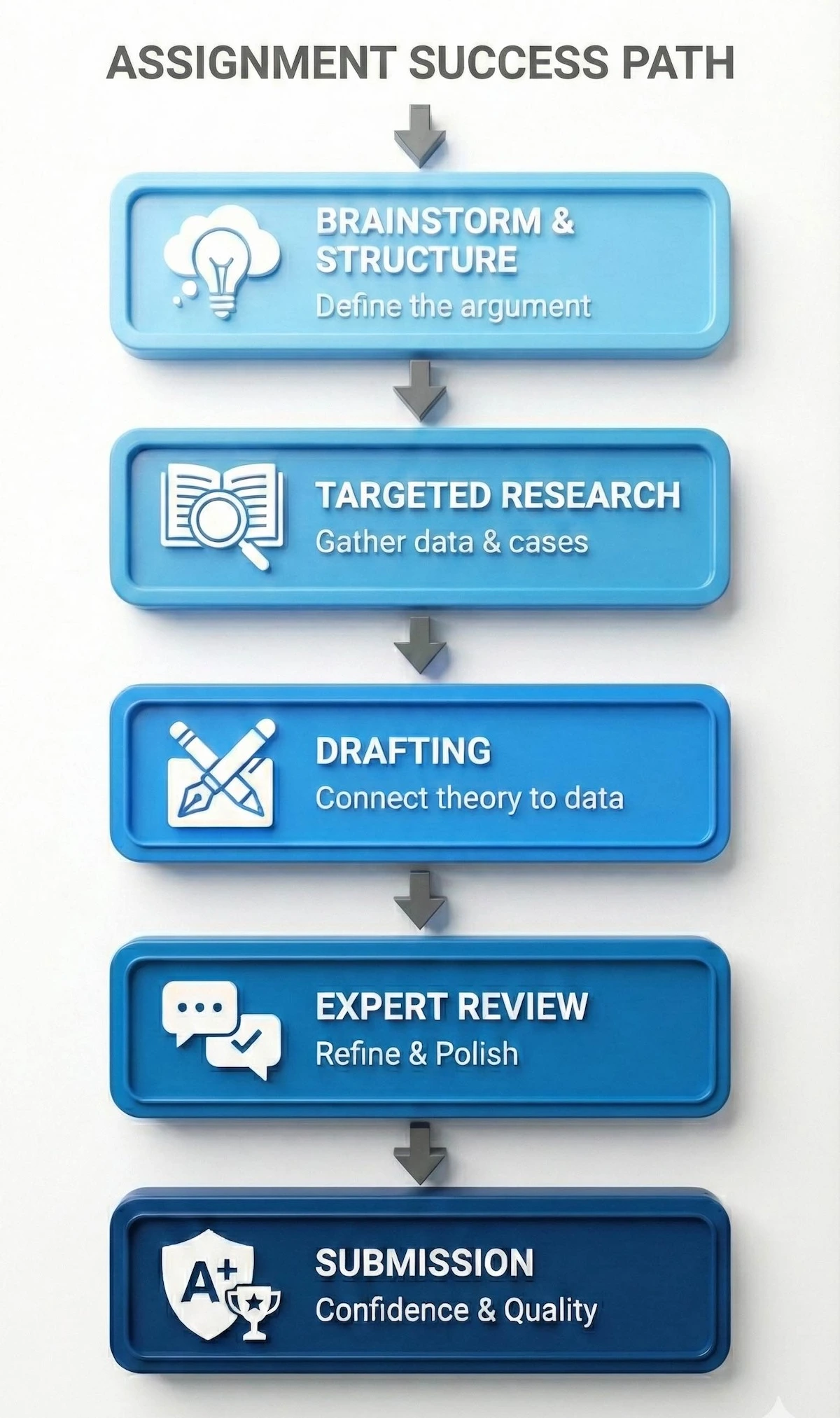 Vertical flowchart showing 5 steps to business assignment success: Brainstorm, Research, Draft, Expert Review, and Submission.
