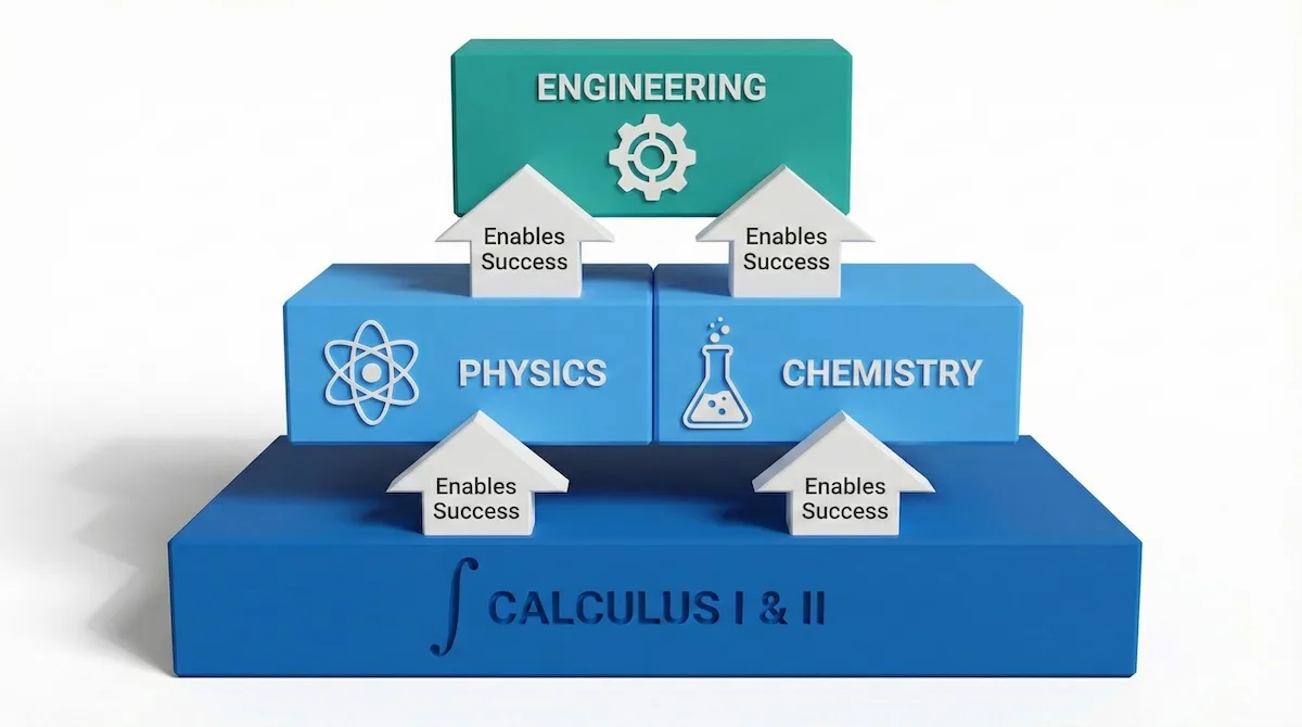 Pyramid diagram showing Calculus as the foundational block supporting Physics, Chemistry, and Engineering success.