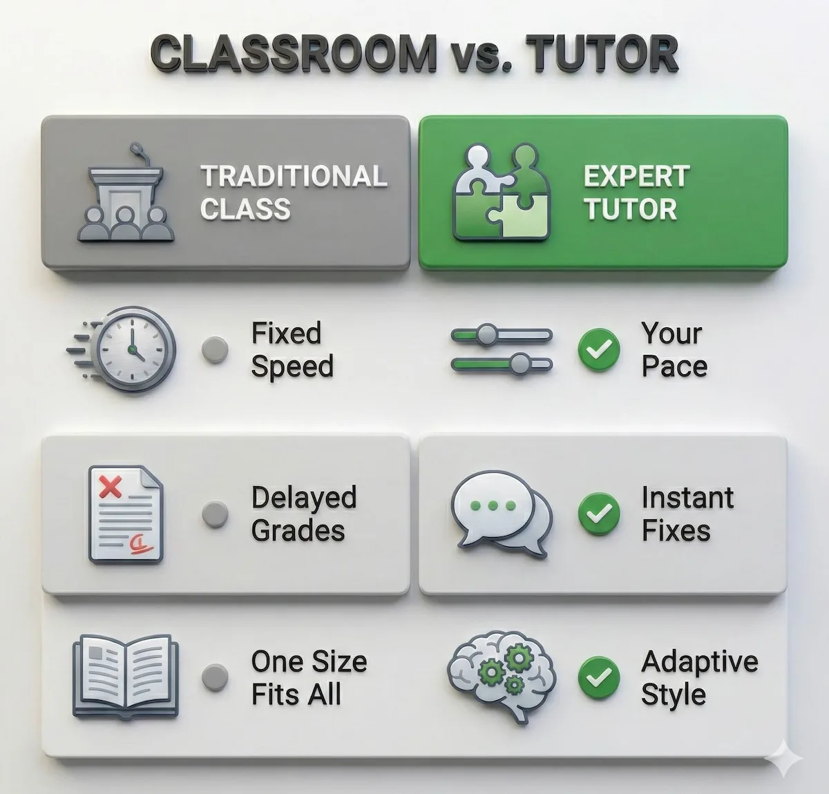 Comparison table showing benefits of calculus tutoring versus traditional classroom learning in pacing, feedback, and teaching method.
