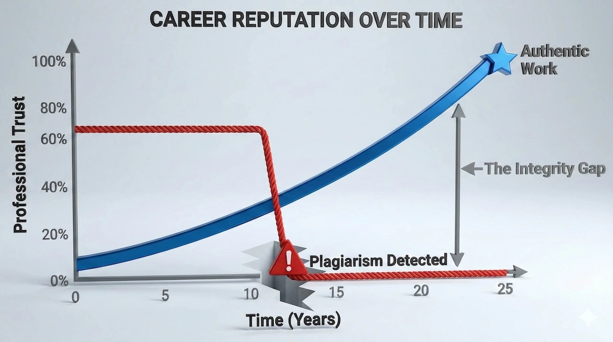 Line graph showing engineering career reputation over time, contrasting the exponential growth of authentic work versus the sudden crash of plagiarized work.