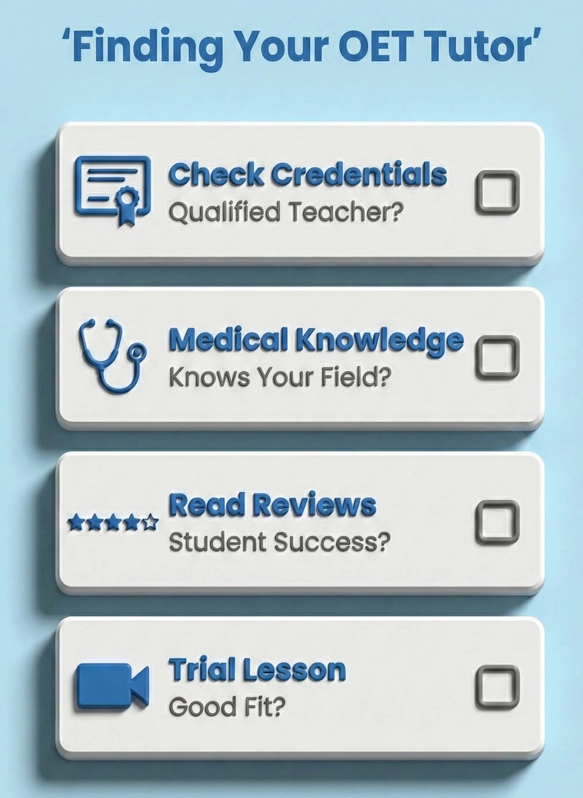 Checklist for choosing an OET tutor: verify credentials, check medical knowledge, read reviews, and take a trial lesson.