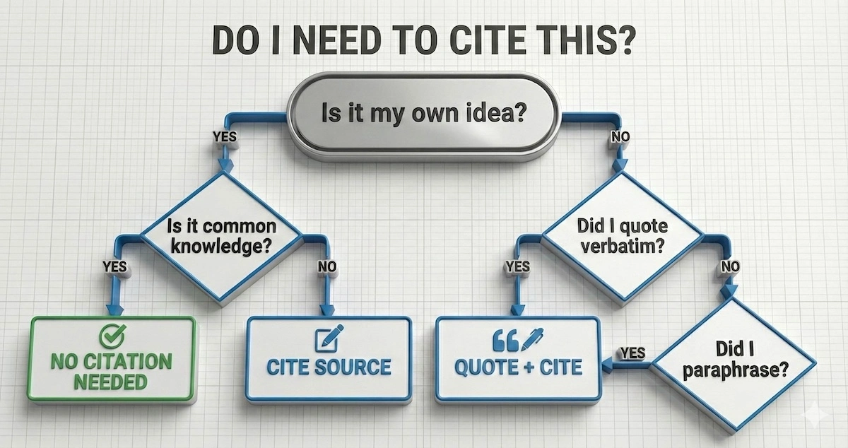 Decision tree flowchart helping students decide when to cite sources, distinguishing between common knowledge, quotes, and paraphrasing.