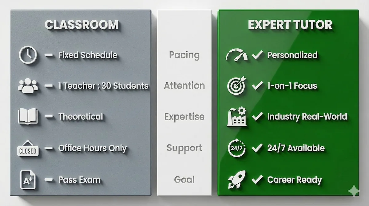 Comparison table showing advantages of expert biotechnology tutoring: personalized pacing, 1-on-1 focus, industry expertise, and 24/7 support.