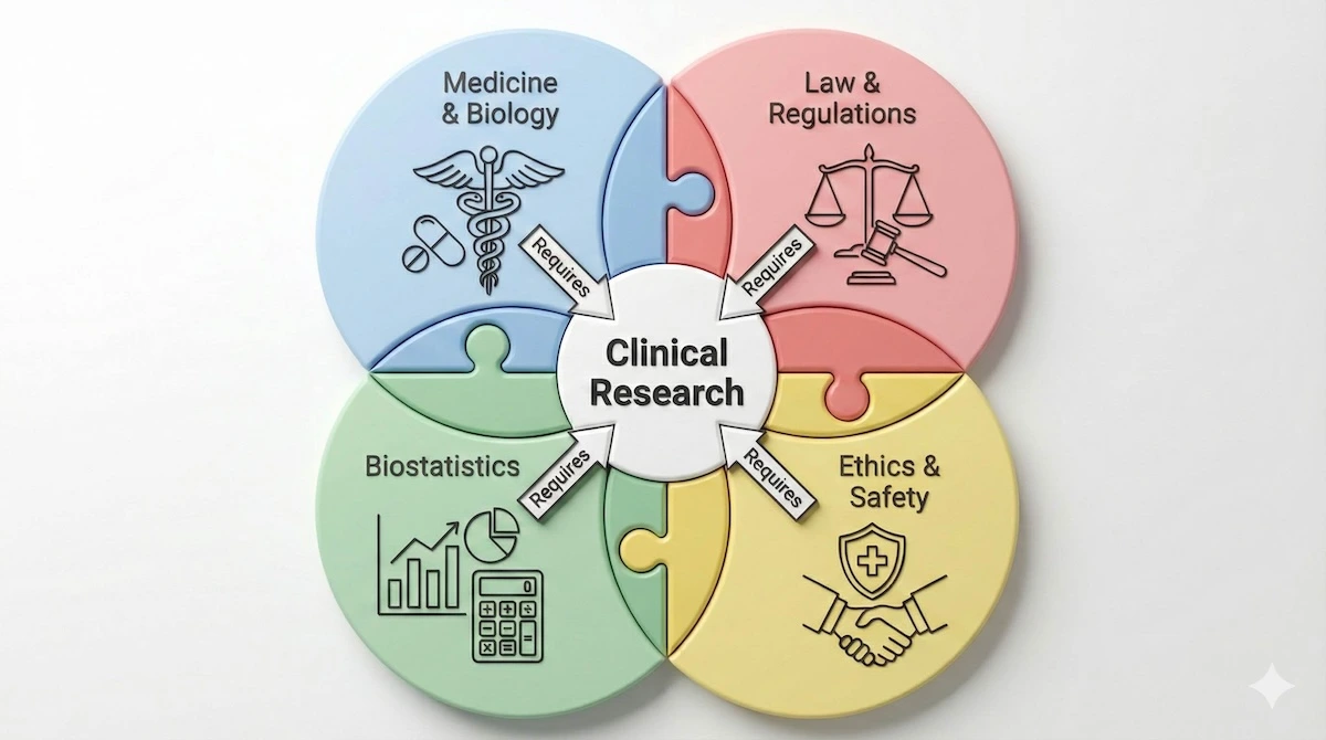 Venn diagram illustrating clinical research as the intersection of medicine, law, biostatistics, and ethics.