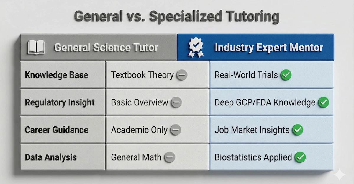 Comparison table showing advantages of specialized clinical research mentors over general science tutors.