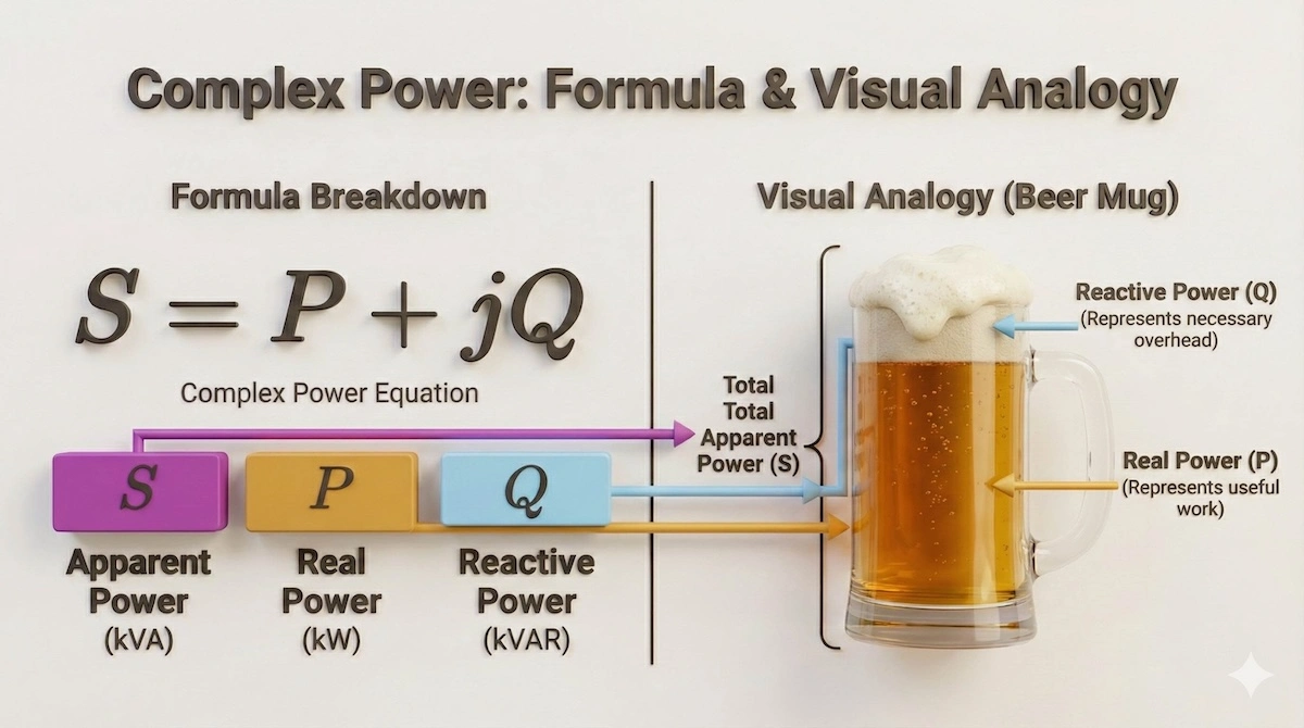 Formula breakdown of Complex Power S equals P plus jQ, illustrated with the beer mug analogy for real and reactive power.