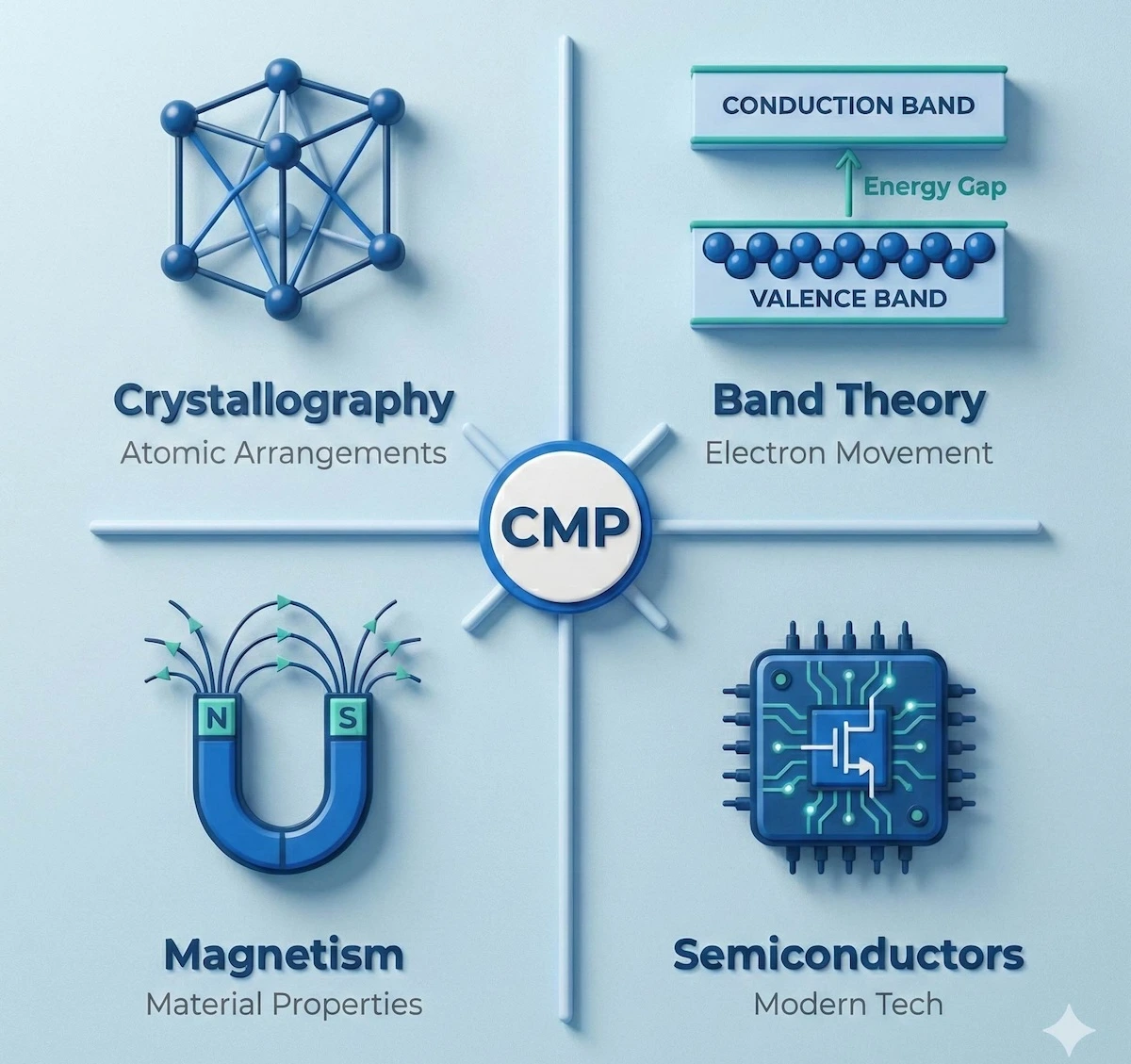 Infographic showing four pillars of Condensed Matter Physics: Crystallography, Band Theory, Magnetism, and Semiconductors with icons.