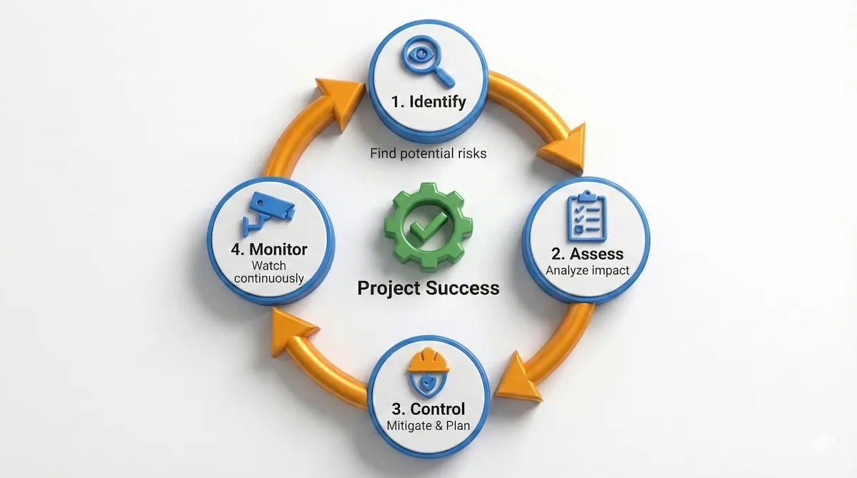 Circular flowchart showing the 4 steps of construction risk management: Identify, Assess, Control, and Monitor.