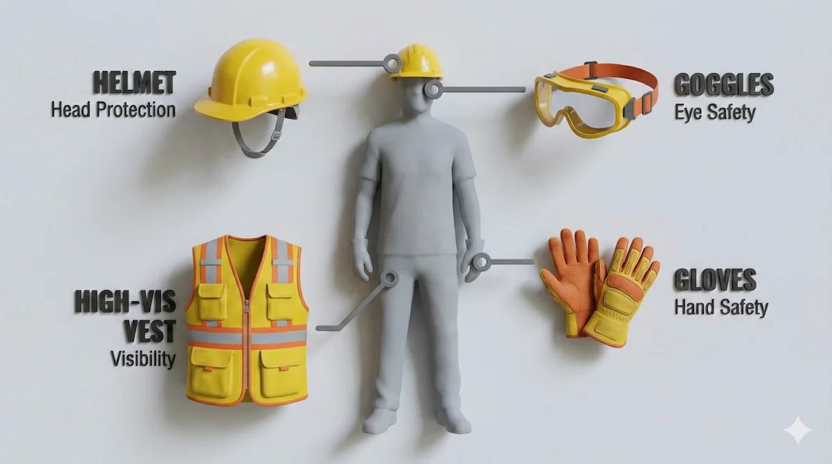 Technical illustration of a construction worker highlighting essential safety gear: Helmet, Goggles, and Gloves.