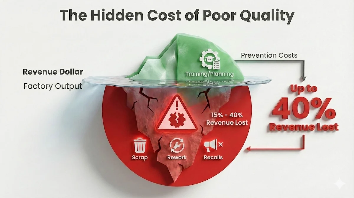 Chart illustrating the cost of poor quality, showing that companies lose 15-40% of revenue to defects, rework, and recalls.