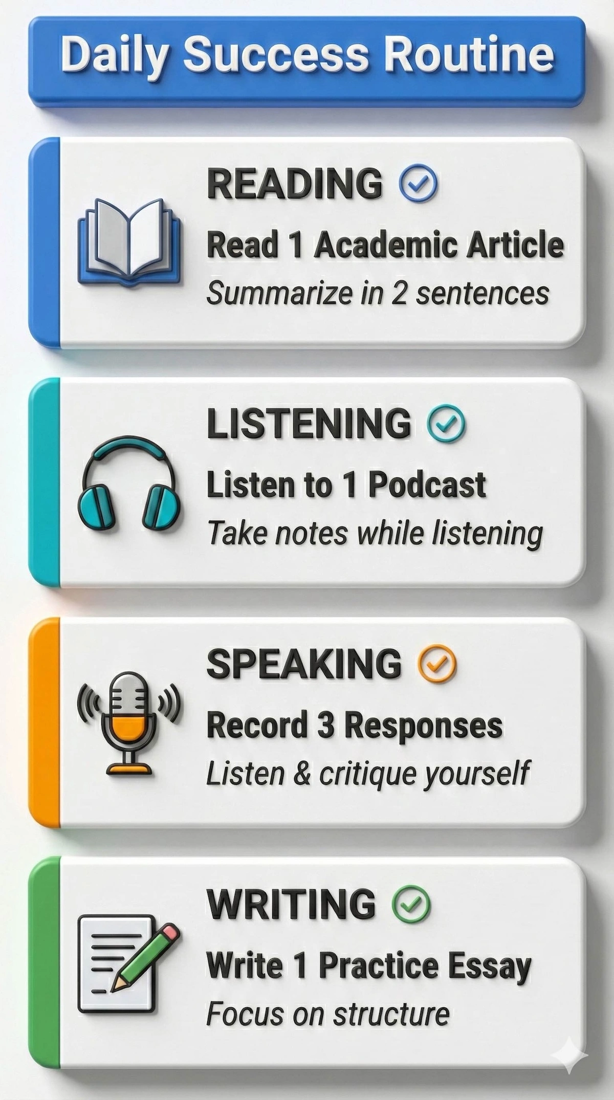 Daily TOEFL study checklist showing four key activities: Reading academic articles, Listening to podcasts, Recording speaking responses, and Writing practice essays.