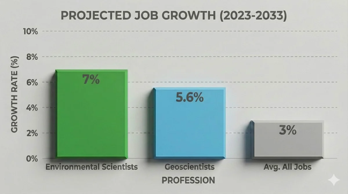 Bar chart comparing projected job growth rates: Environmental Scientists (7%) and Geoscientists (5.6%) versus the average for all occupations.