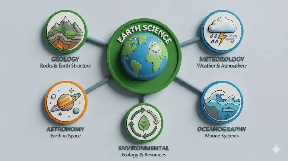 Infographic showing the five main branches of Earth Science: Geology, Meteorology, Oceanography, Astronomy, and Environmental Science connected to a central Earth hub.