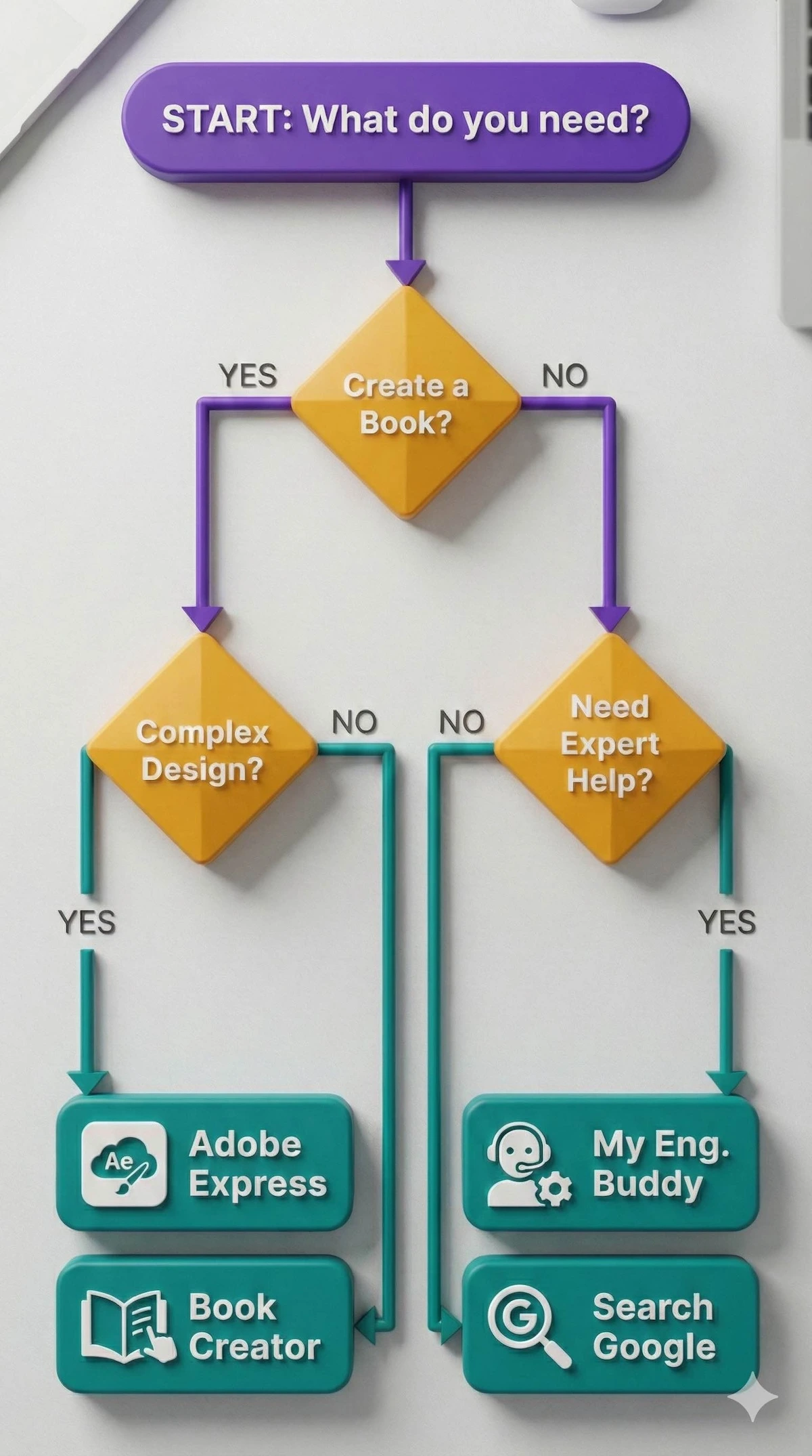 Flowchart helping students choose between Book Creator for making books, Adobe Express for design, or My Engineering Buddy for tutoring.