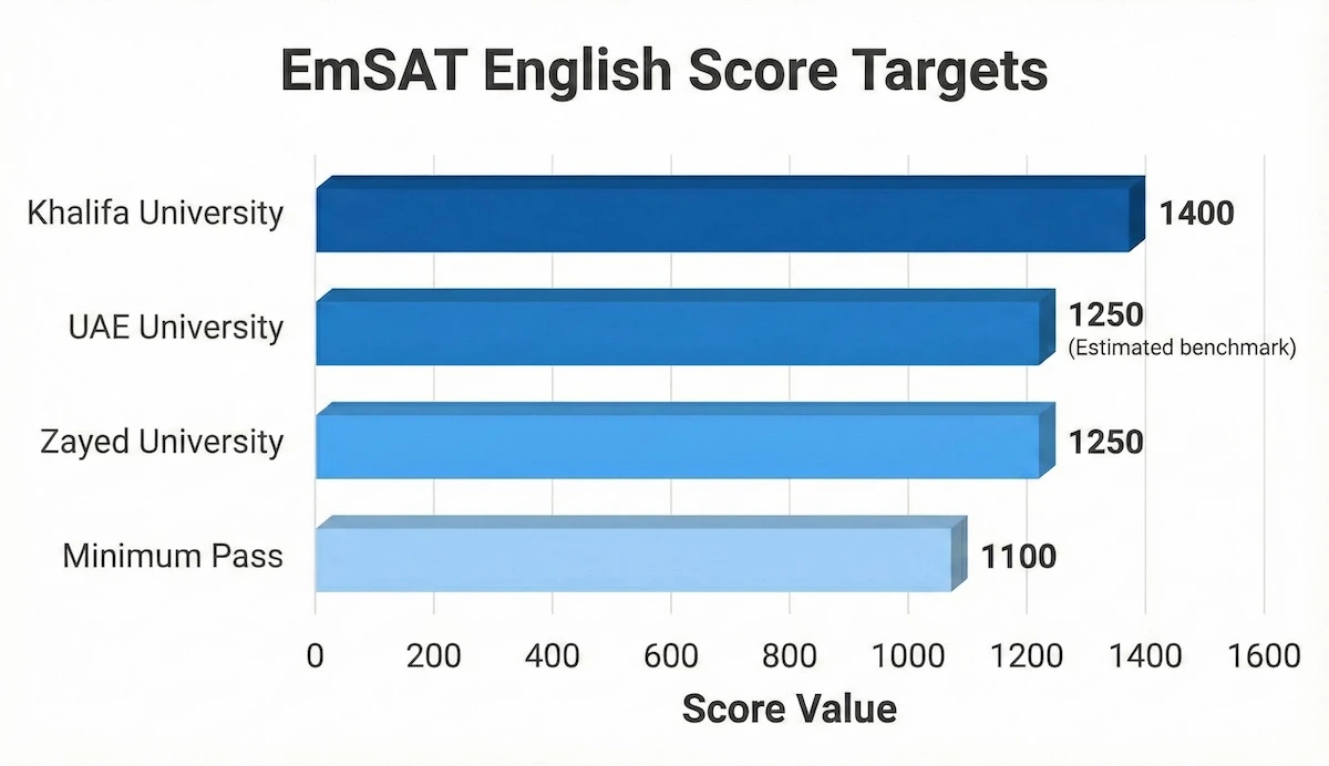 Bar chart showing EmSAT English score requirements: Khalifa University 1400, Zayed University 1250, and general passing score 1100.