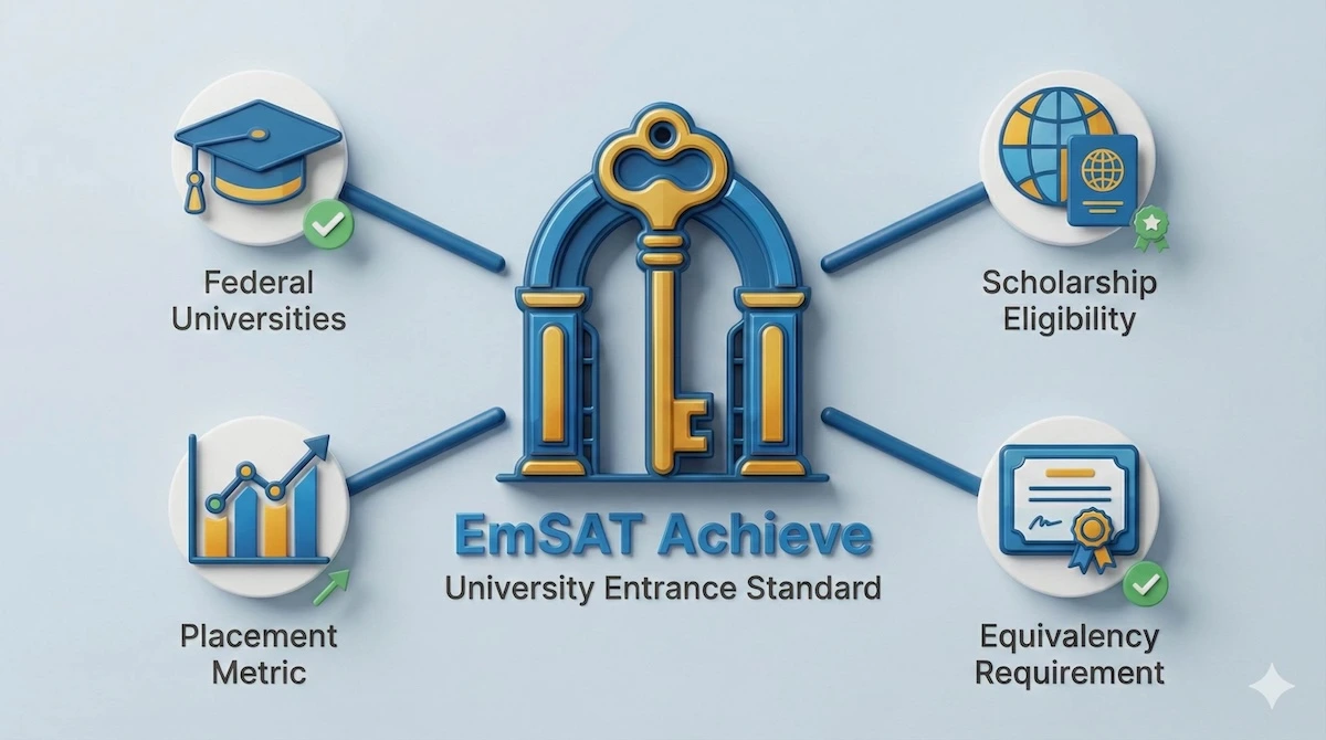 Illustration showing EmSAT exam as a gateway key unlocking federal universities, scholarships, placement metrics, and equivalency in UAE education.