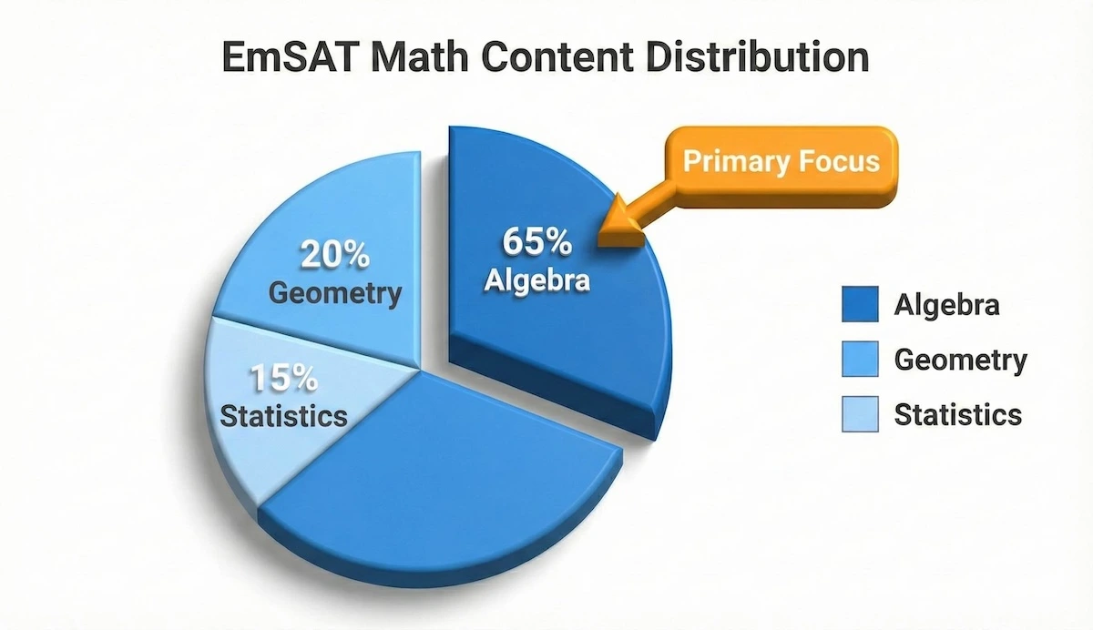 Pie chart showing EmSAT Math content distribution: Algebra 65 percent, Geometry 20 percent, and Statistics 15 percent.