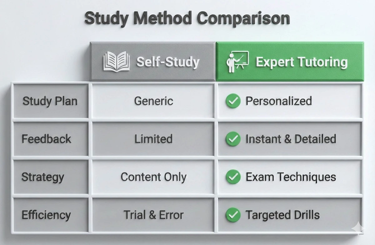 Comparison table showing differences between Self-Study and Expert Tutoring for EmSAT, highlighting personalized plans and expert strategies in tutoring.