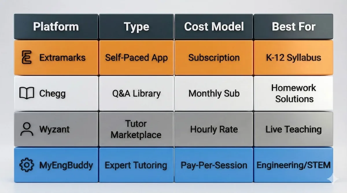 Comparison table of Extramarks vs Chegg, Wyzant, and MyEngineeringBuddy showing cost models and best use cases.