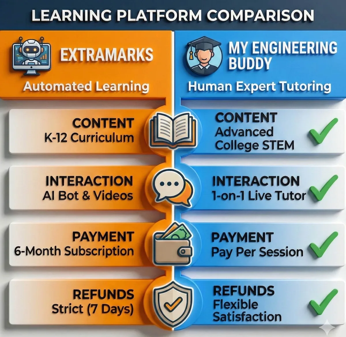 Head-to-head comparison: Extramarks for K-12 automation vs My Engineering Buddy for personalized college STEM tutoring.