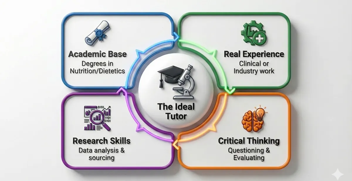 Concept infographic showing four key qualities of food science tutors: Academic Foundation, Real Experience, Research Skills, and Critical Thinking.