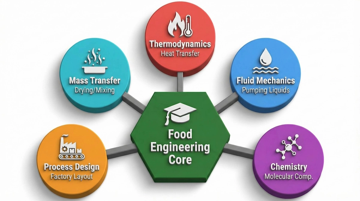 Radial diagram showing the five core subjects of a food engineering degree: Thermodynamics, Fluid Mechanics, Chemistry, Process Design, and Mass Transfer.