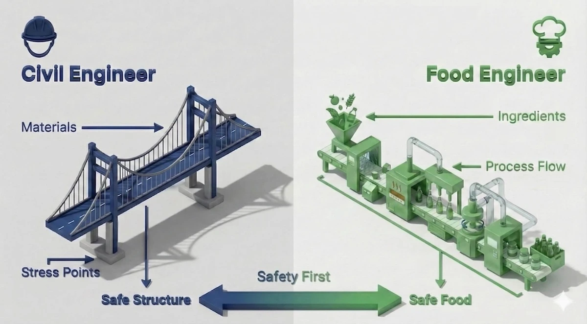 Split-screen illustration comparing Civil Engineering designing bridges to Food Engineering designing food processing lines, highlighting safety and structure.