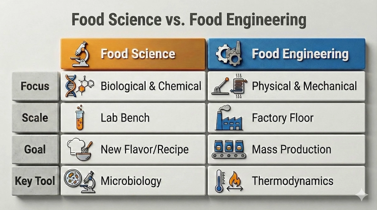 Comparison table showing differences between Food Science (lab scale, chemistry focus) and Food Engineering (factory scale, physics focus).