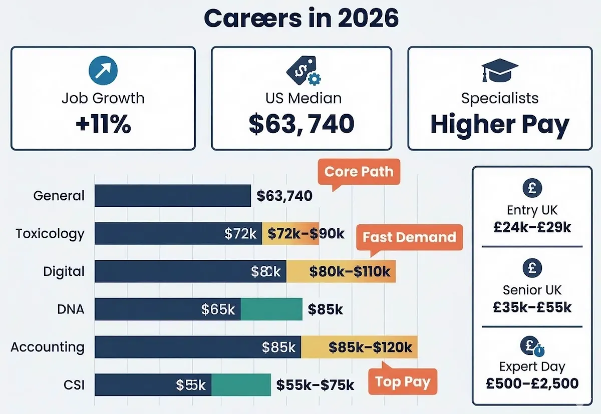Career infographic showing forensic science salary ranges, job growth, and specialist pay trends in the US and UK for 2026.