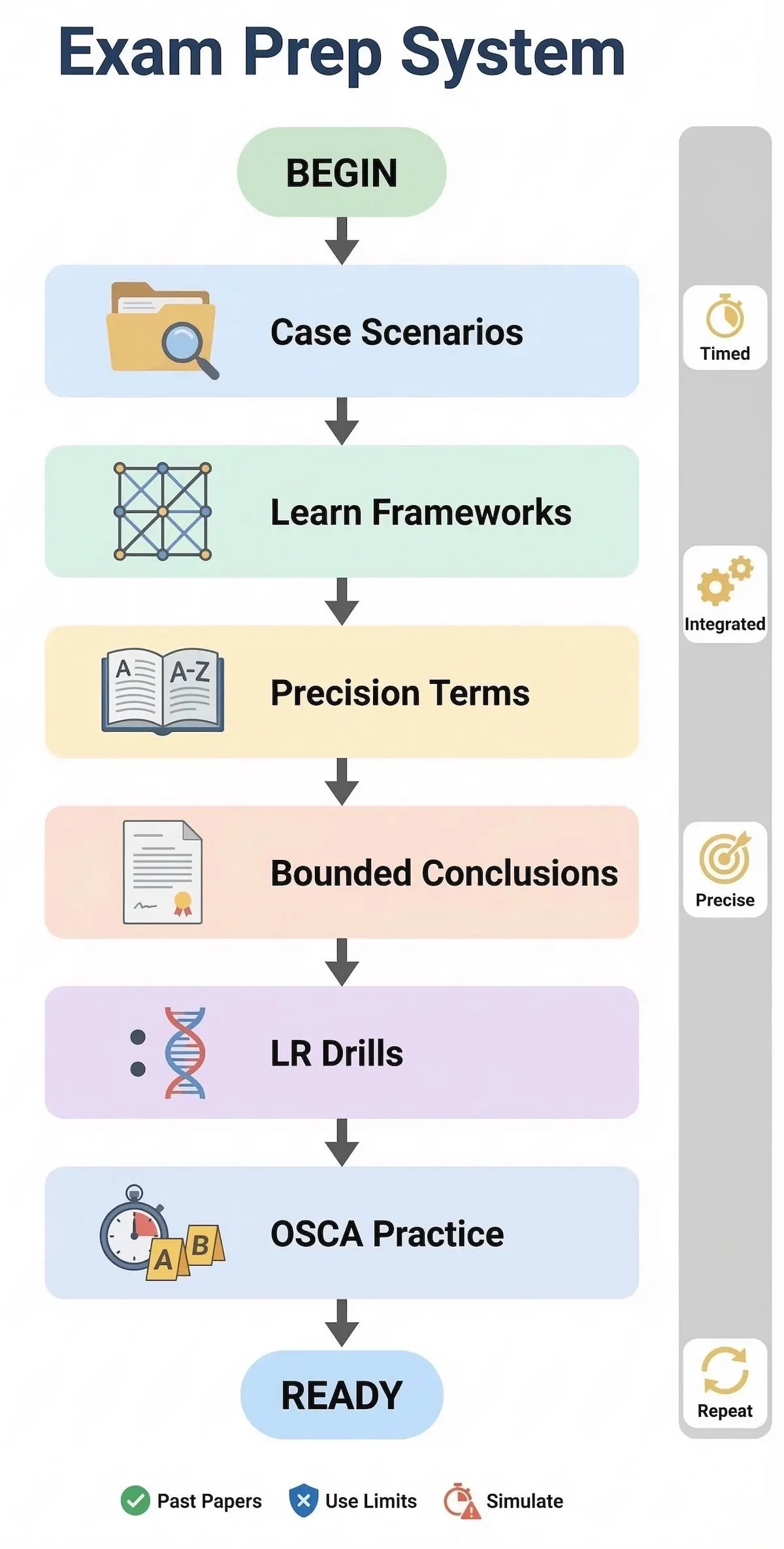 Flowchart showing a six-step forensic science exam preparation system from case-scenario practice to likelihood-ratio drills and OSCA simulation.