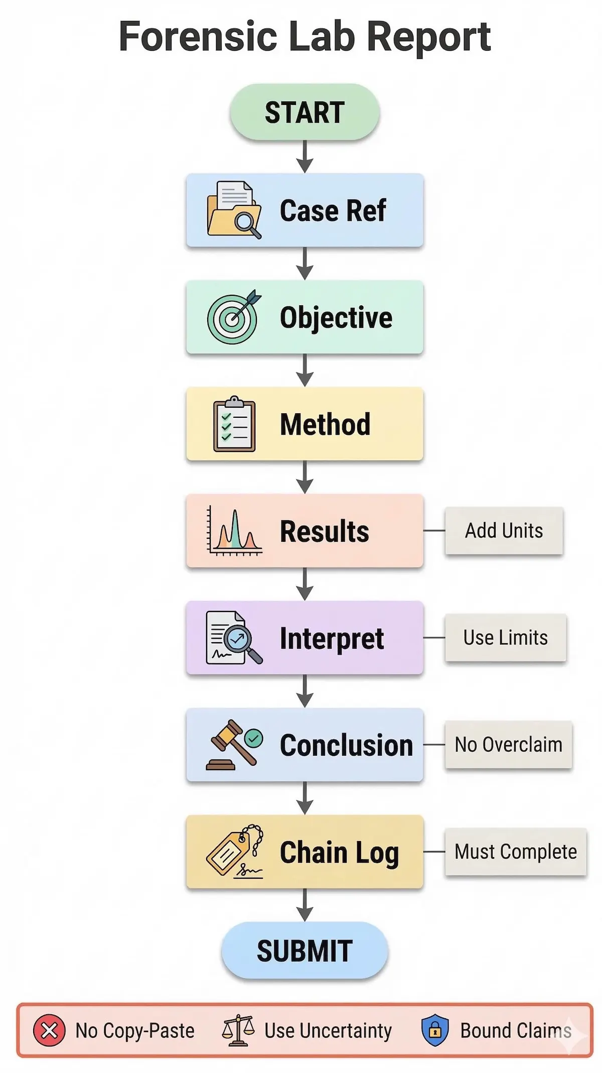Flowchart showing the ideal forensic science lab report structure from case reference to chain of custody for students aiming for higher marks.