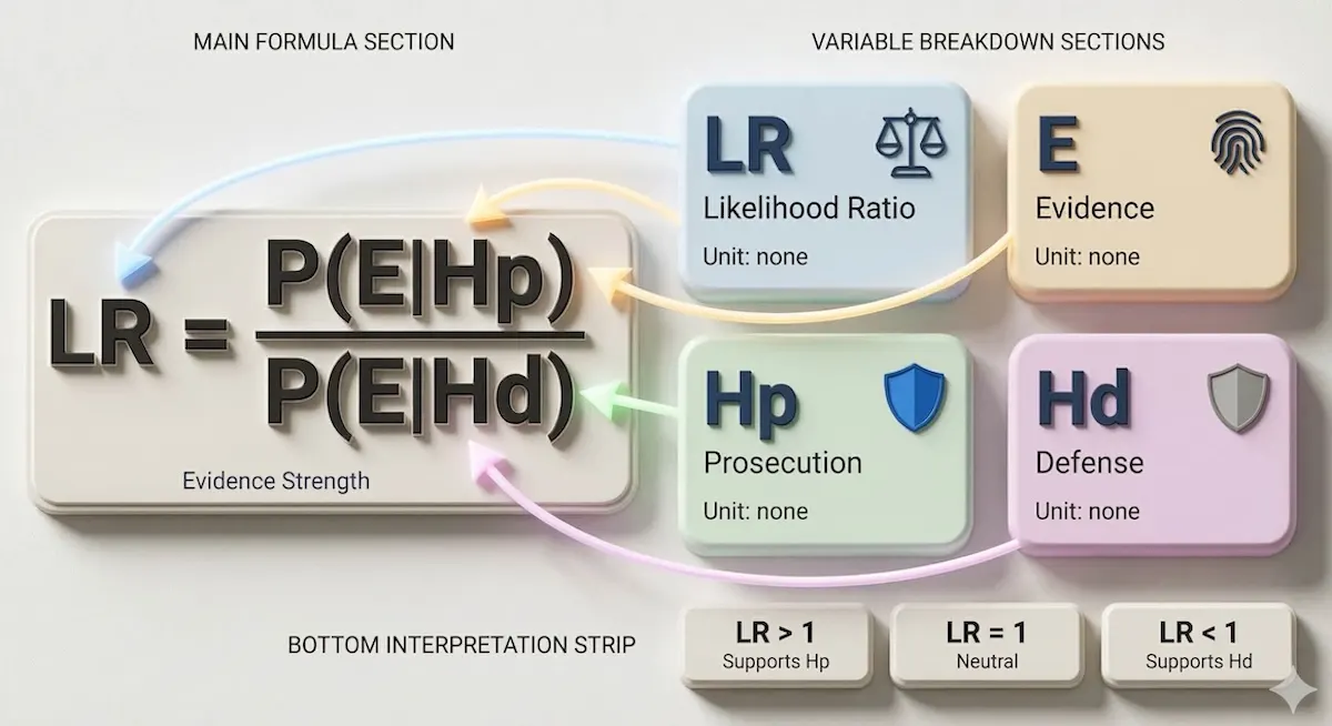 Formula infographic explaining likelihood ratio in forensic science using evidence, prosecution, and defense hypotheses with simple interpretation cues.