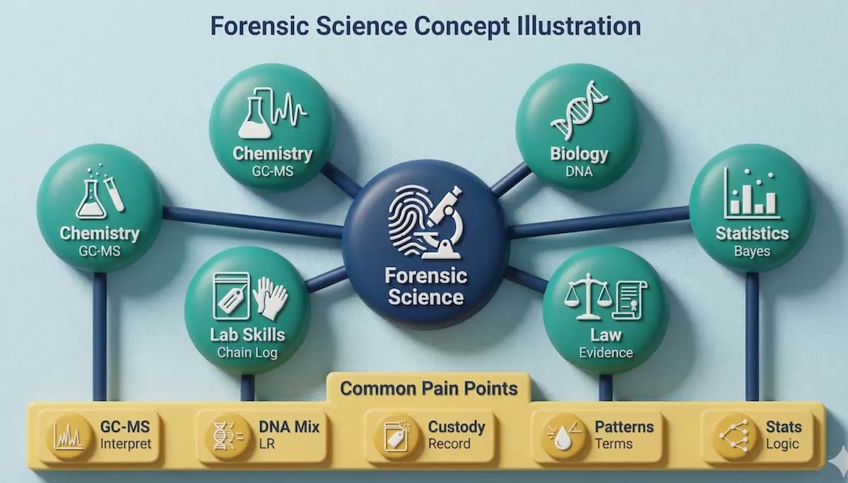 Concept map showing how forensic science combines chemistry, biology, statistics, law, and lab skills, with the main student difficulty areas.