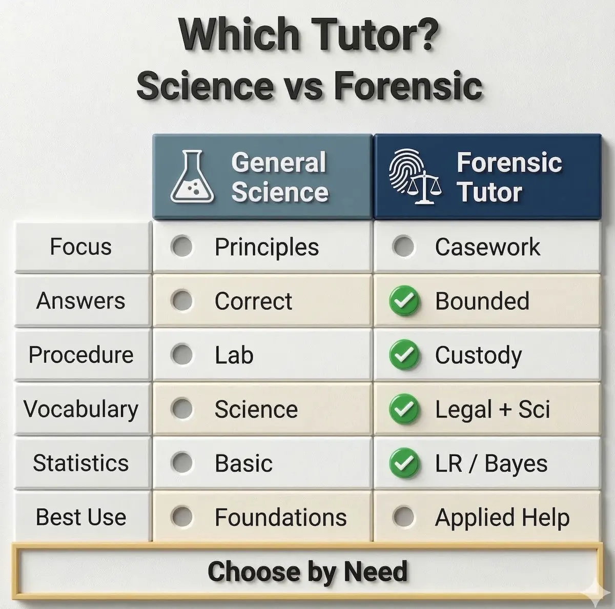 Comparison table showing how forensic science tutoring differs from general chemistry or biology tutoring in focus, procedure, and evidence reasoning.
