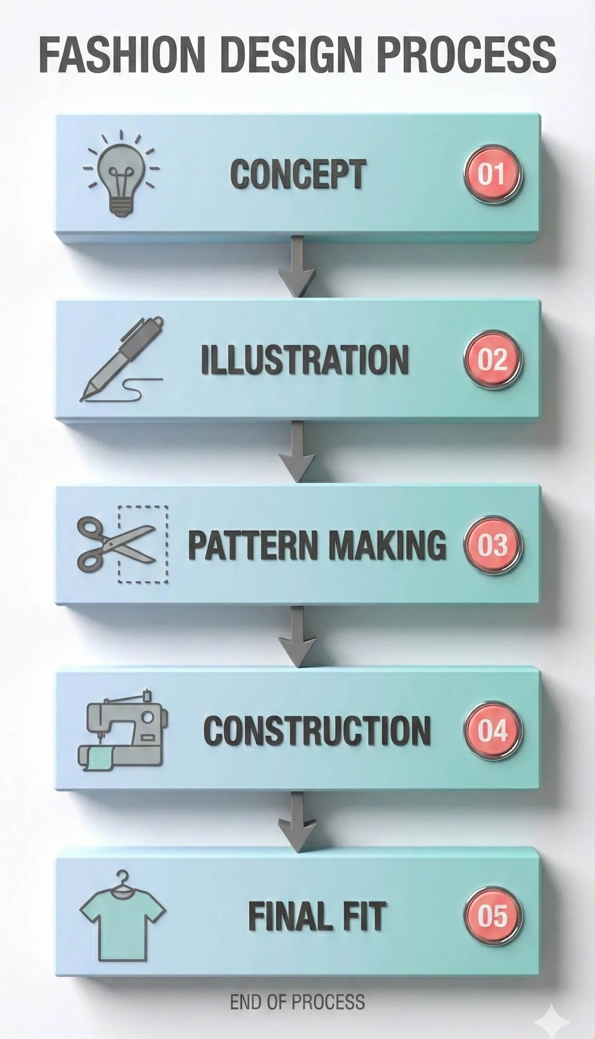 Flowchart showing the 5-step garment engineering process: Concept, Illustration, Pattern Making, Construction, and Final Fit.