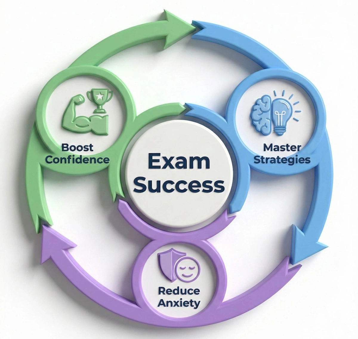 Cycle diagram showing how mastering strategies reduces anxiety and boosts confidence, leading to exam success.