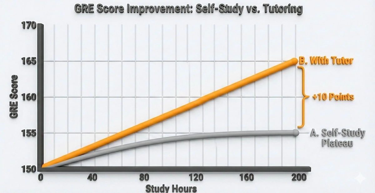 Line graph showing GRE score stagnation with self-study versus continuous growth with a tutor over the same study hours.