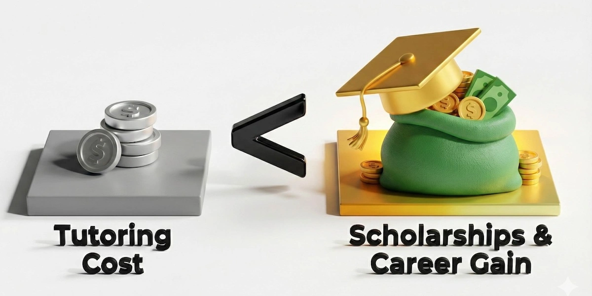 Visual equation showing that the cost of GRE tutoring is significantly less than the value of resulting scholarships and career gains.