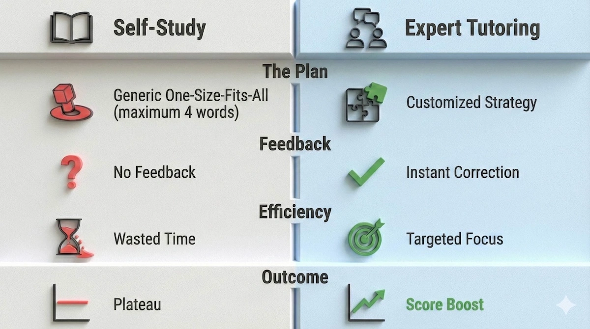 Comparison table showing differences between generic GRE self-study and personalized tutoring, highlighting custom strategies and instant feedback.