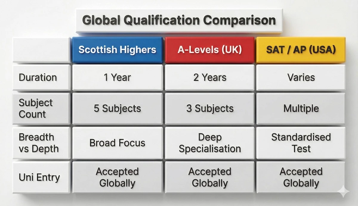 Comparison table showing key differences between Scottish Highers, UK A-Levels, and US SAT/AP exams regarding duration, subject count, and focus.