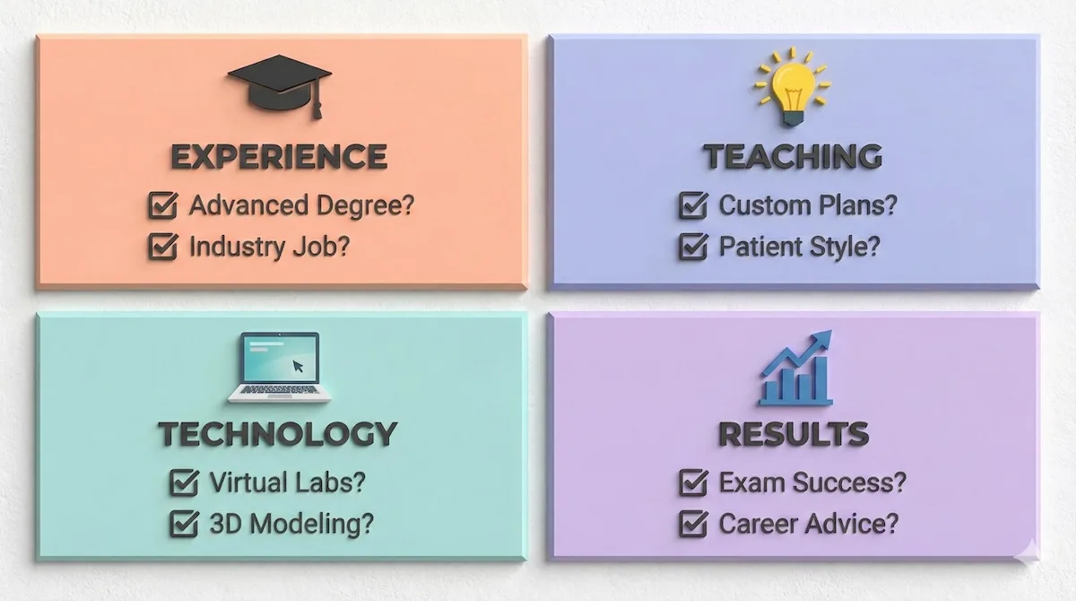 Checklist for hiring a biotechnology tutor covering four key areas: Academic experience, teaching style, technology tools, and proven results.