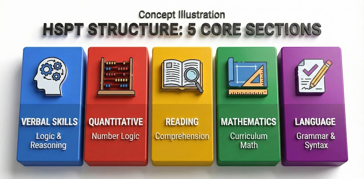 Infographic illustrating the five core sections of the HSPT exam: Verbal Skills, Quantitative Skills, Reading Comprehension, Mathematics, and Language Skills.