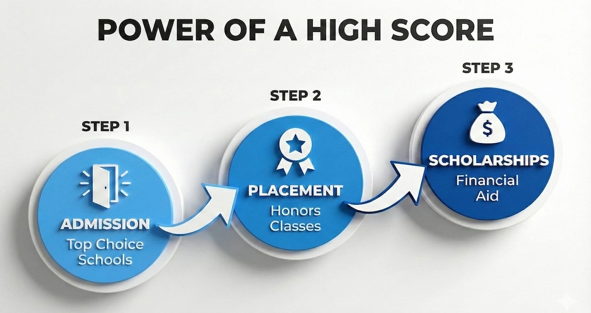 Flowchart showing three benefits of a high HSPT score: Admission to top schools, Placement in honors classes, and Scholarship awards.