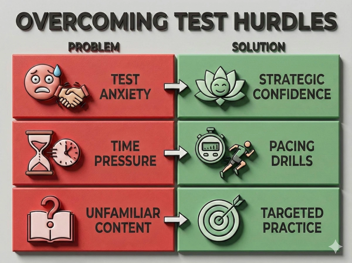 Chart mapping HSPT challenges to solutions: Anxiety to Confidence, Time Pressure to Pacing Drills, and Unfamiliar Content to Targeted Practice.